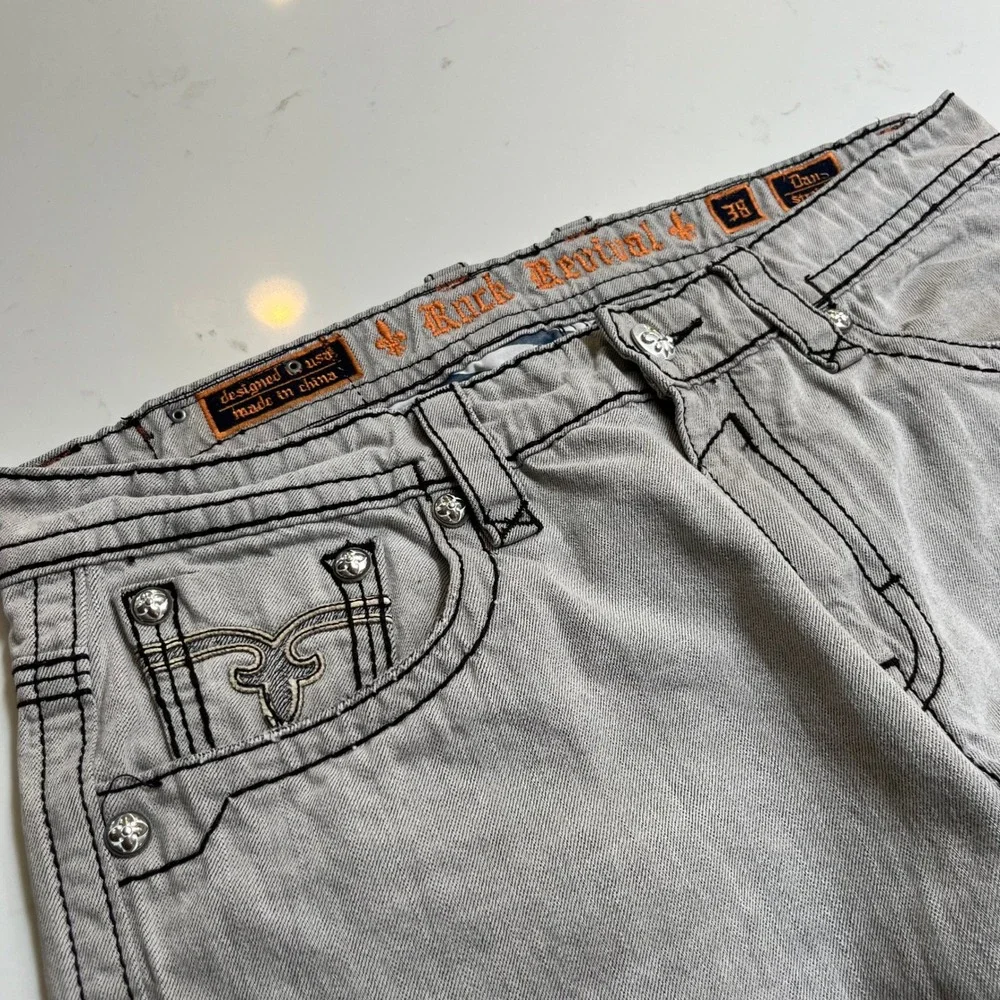 Rock Revival Dan Straight Mens 38 Gray Jeans Heavy Black Stitch Fleur-De-Lis Y2K